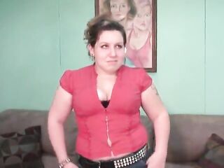 Cute amateur BBW chick with brown hair takes her garments off for the camera