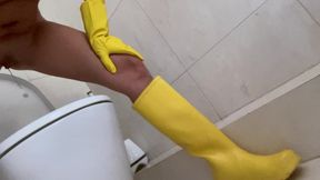 Pissing and Cumming Hard in Yellow Rubber Gloves and Boots