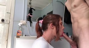 Femboy surprises daddy with her tight leaking ass and sloppy gagging blowjob