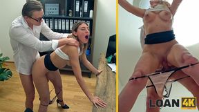 Slutty babe with a nice shaved pussy lets a loan manager stuff her wet hole right in his office