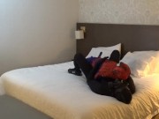 mindless moaning black sex drone playing with his spiderman dummy