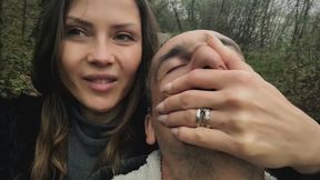 Outdoor peeing finished with hand over mouth in car