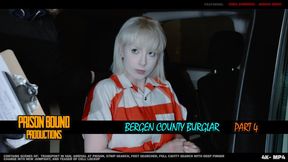 The Bergen County Burglar Part 4 - Chained convict girl transported to prison from jail in van, made to strip down & endures full body search & deep cavity search & intake full nude hose down, dressed in orange jumpsuit & locked up. -4K -MP4