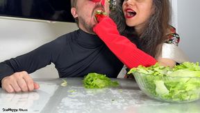 Italian Mistress Rubber Gloved Covers Slave Mouth and Pinches His Nose