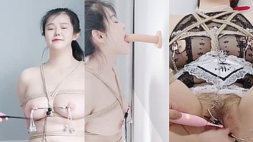 享受快乐的惩罚-- BDSM/粗糙麻绳/捆绑假阳具深喉/扣乳器/铃铛乳夹/分穴器/阴唇夹/Ｍ字紧缚/女性射液/舔自己高潮液