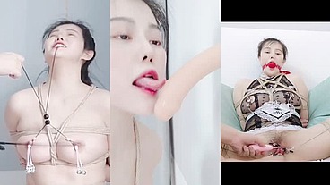 享受快乐的惩罚-- BDSM/粗糙麻绳/捆绑假阳具深喉/扣乳器/铃铛乳夹/分穴器/阴唇夹/Ｍ字紧缚/女性射液/舔自己高潮液