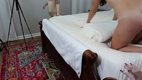 Older man fucks petite teen and milf in a group fuck session