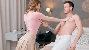 Naked lovers chat intimately in bed