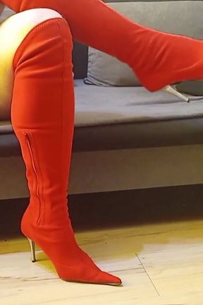 Crossdresser Dangling in Sexy Red Suede Pointed Toe High Heels Boots