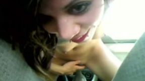 Lewd skinny chick with small titties was riding her gear stick for orgasm