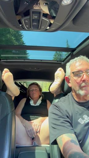 Wife Toys Her Pussy in the Back Seat While Daddy Drives, Road Trip