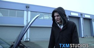 Young gay spitroasted in threeway after picked up by car