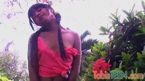 ”Tobie Teen Fingering her tight beaver at garden”
