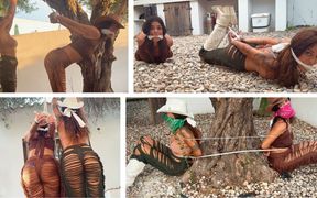 Crook Girls Tied Tight. Two Powerless Cowgirls Cleave Gagged to a Tree and Rough Ropes Hogtie