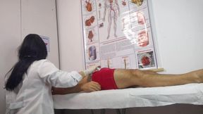 Hot nurse sucks and jacks off doctor's erect penis