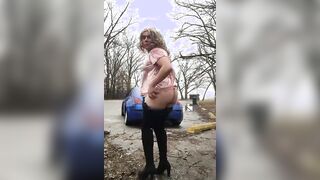 Crossdresser outside jerk off