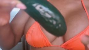 Giantess in Orange Bikini Pickle Taste Test Sour, Salty & Honest food Mouthplay crush bite