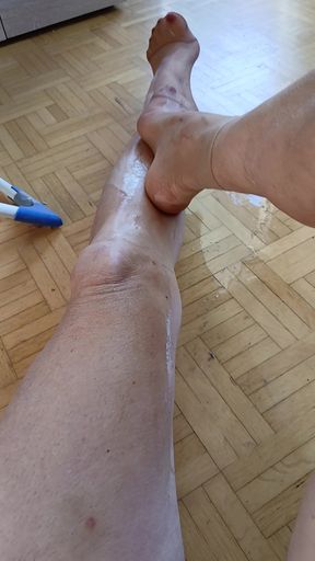 Feet in wet nylon socks