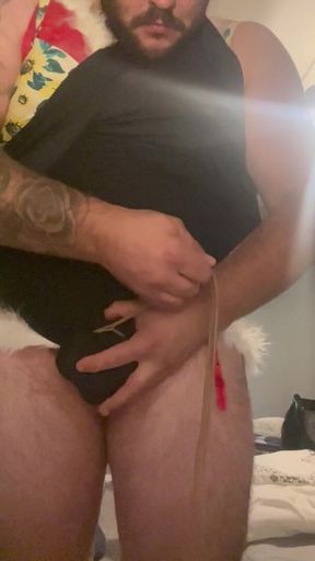 Cock Bondage with Crossdress and Additional Bondage Hands Cuffed to Collar with Butt Plug Insterted