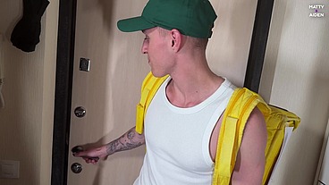 Twink gay couple Matty and Aiden swap fuck the delivery guy Alex