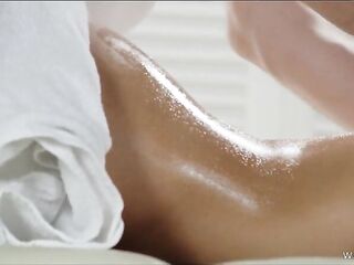 Tattooed Playgirl Gets a Full Body Oil Treatment on the Table by Her Masseur