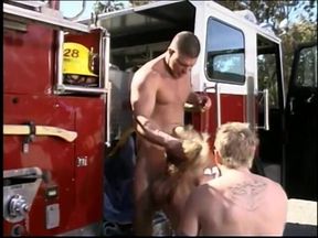 Stunning Blonde Babe Gets Both Her Holes Pounded Outdoors by Two Firemen