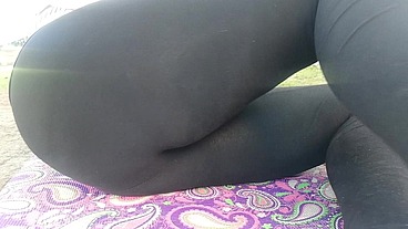 Completely dirty black yoga pants full of pee in public place