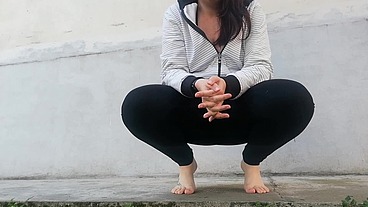 Completely dirty black yoga pants full of pee in public place