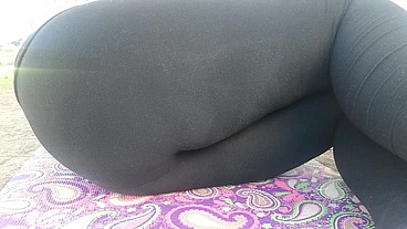 Completely dirty black yoga pants full of pee in public place