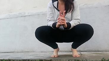 Completely dirty black yoga pants full of pee in public place