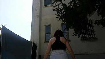 Completely dirty black yoga pants full of pee in public place