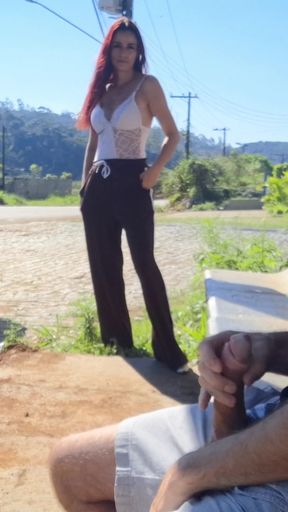 Risky handjob to stranger at bus stop in public!   Clip 1
