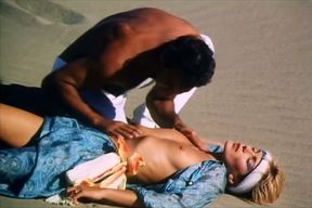 Hungry man is gonna eat hairy cunt of his titless fair haired chick in desert