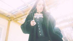 Smoking Outside In A Corset and Fur Jacket