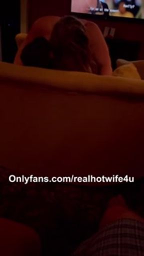 Husband cums while watching wife fuck bull in theater room