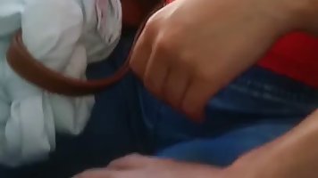 Naughty brunette likes the way a random stranger is touching her boobs, before she sucks his cock