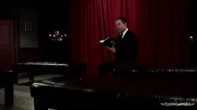 Wild redhead slut shares two hard dicks with her chick friend