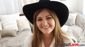 Teen Miley Cole gives slutty blowjob and humps stepdad's cock