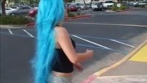 Seductive Stacey in Blue Wig Strips Teasingly By The Poolside