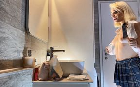 Hot Blonde Cheerleader in Shortest School Uniform Skirt Flashes Pussy and Ass but Also All Natural Beautiful Tits