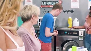 ADULT TIME - Clueless 18 Undressed And Fuck Group Of Sensual MILFs At Laundromat!