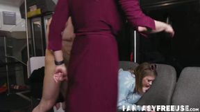 Busty MILF Katie Morgan and Ginger Grey fuck bus driver in a hot threesome