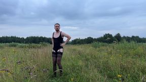 Having fun outside in my stockings, heels and garter belts, masturbating and cumming