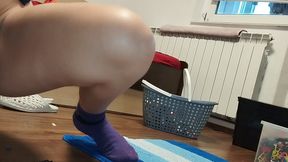 Sexy wife, hairy pussy, big ass, vacuum cleaner in empty house.