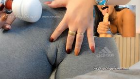 sexy brunette camel toe playing with her hitach squirting in tight yoga pants and riding her toy and fucking her ass anal sex
