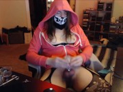 Hot Pink Skeleton Femboy Cums Hands Free With Cockcage and Fleshlight