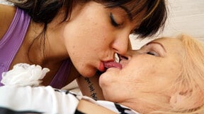 Hot brunette licking out a chubby granny