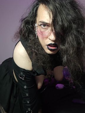 Goth trans girl shows off her big dick in a solo scene