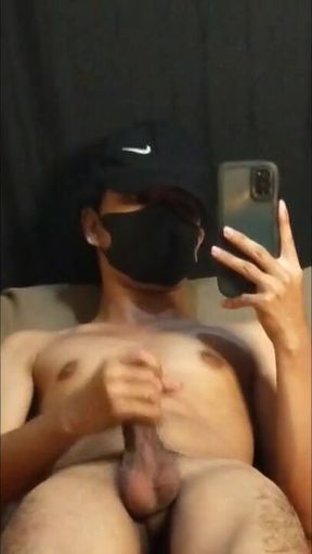 Gay asian twink jerks off raw cumshot alone