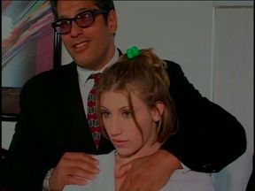 Wide ass blonde coed chick sucks two dudes in suits in bedroom and gets fucked